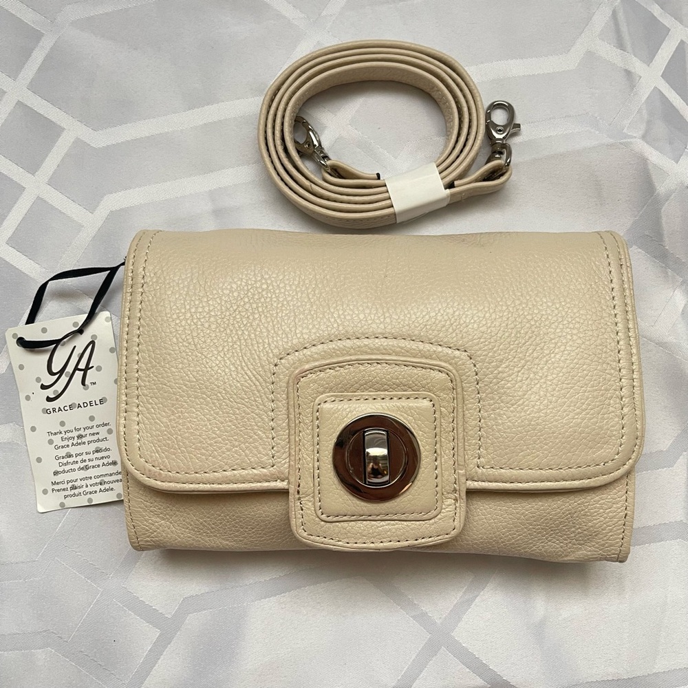 NWT Grace Adele Cream Genuine Leather Turnlock Crossbody Clutch Bag OS